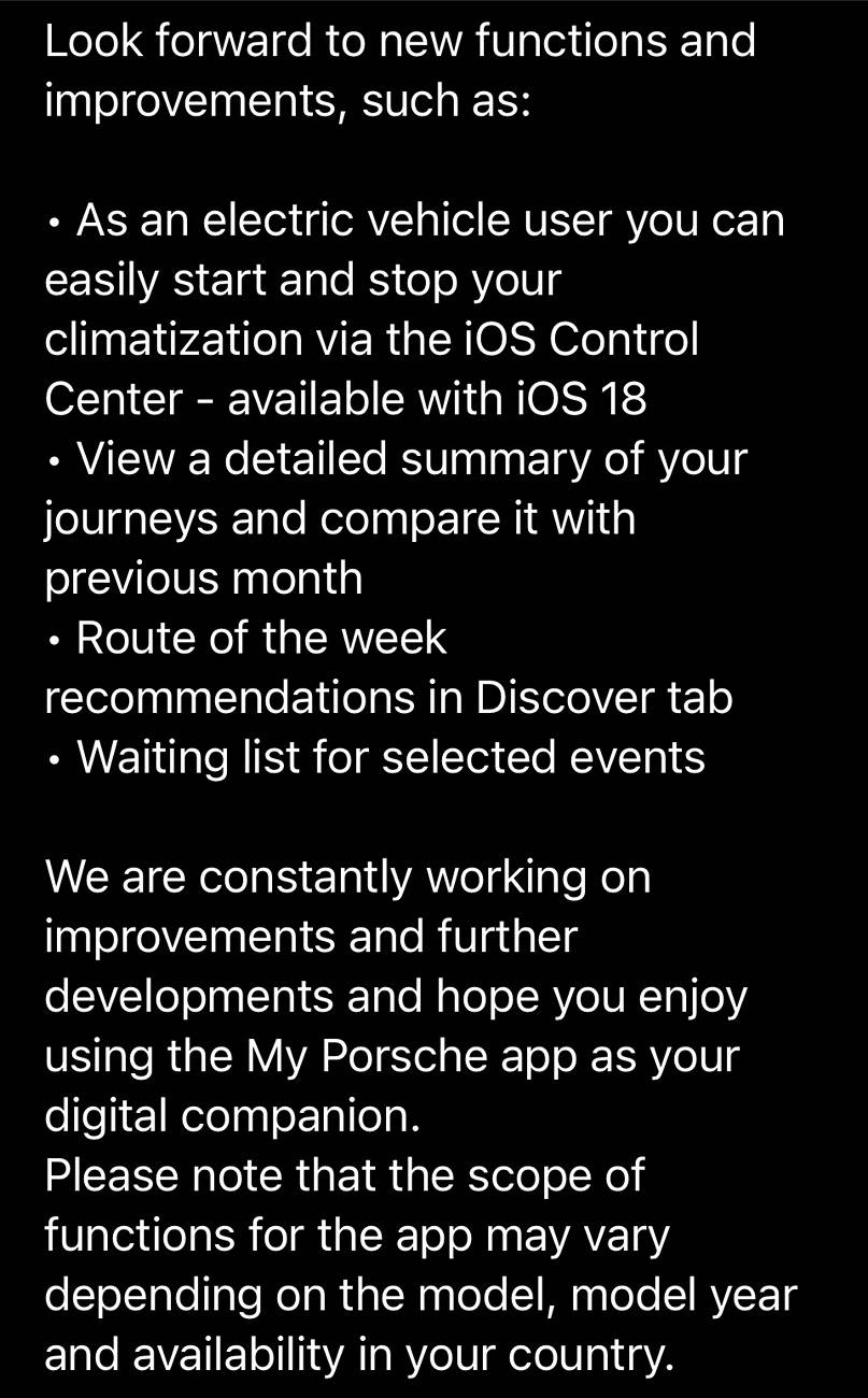 Electric Macan EV New My Porsche app version (14.0) now available. Adds pre-climate toggle to the iPhone control center IMG_1764