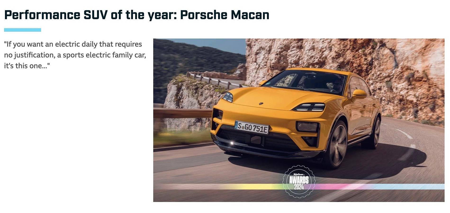 Electric Macan EV Macan EV wins Performance SUV of the Year in 2024 Top Gear Awards Macan EV wins Performance SUV of the Year in 2024 Top Gear Awards